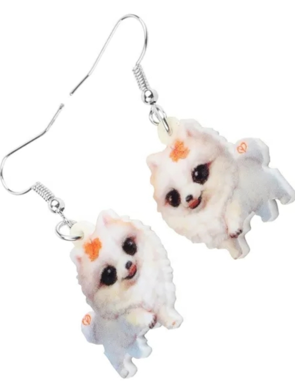 Hand Crafted White Puppy Pomeranian Dangle Earrings